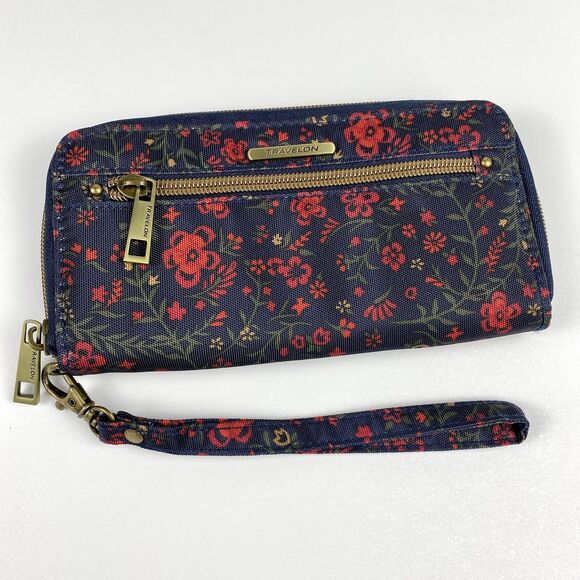Travelon Wallet Wristlet Safe ID RFID Women's Zip Clutch Floral Navy Classic - Picture 1 of 8